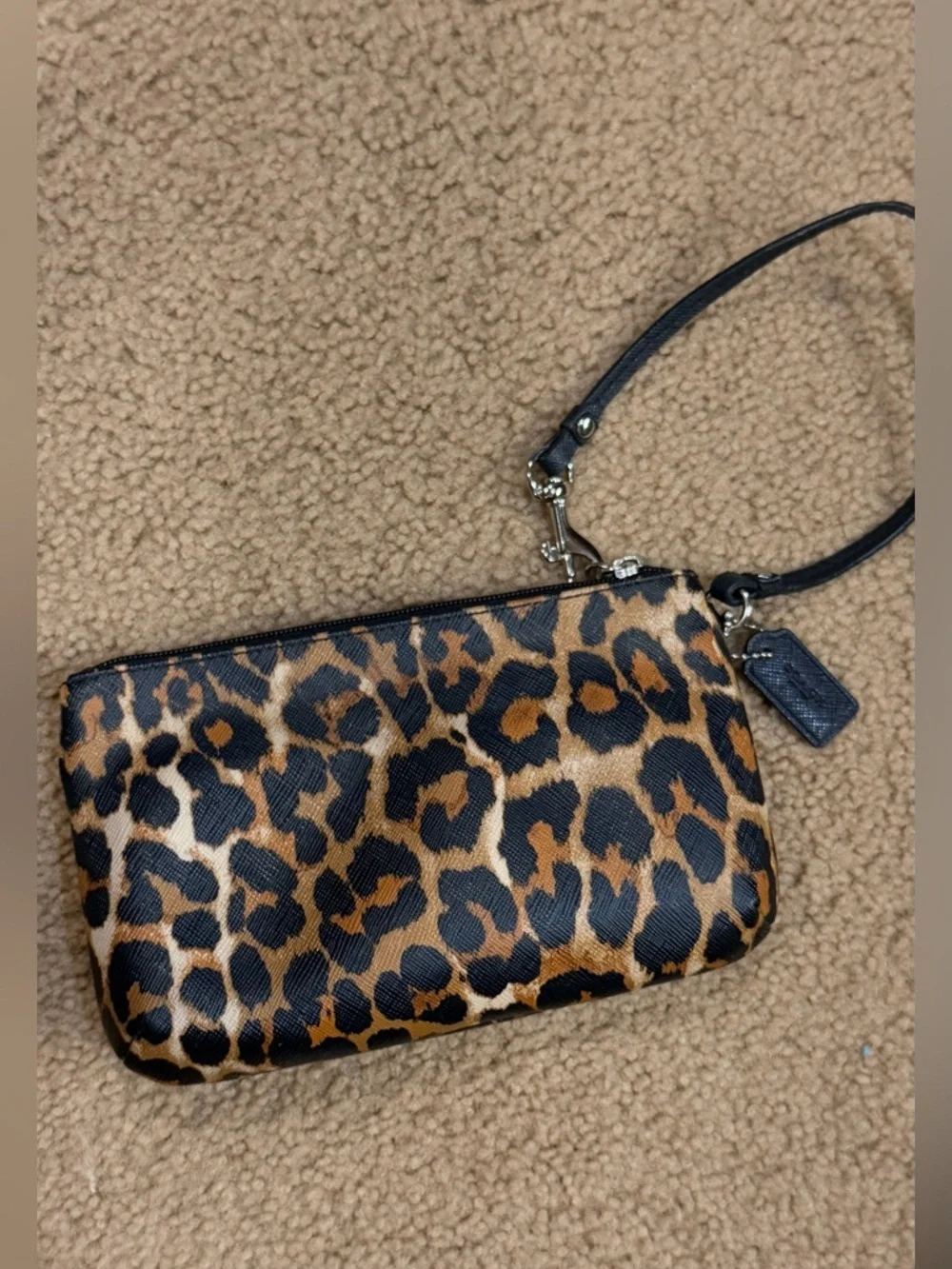 Coach Ocelot Leopard Print Wristlet with Front Pocket - Silver Tone